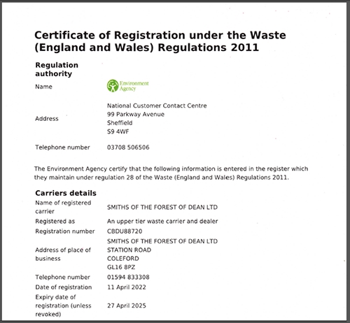 Certificate of Registration for Waste